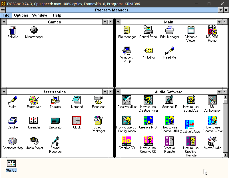 Microsoft Windows 3.1 som kjører i DOSBox 0.74-3.