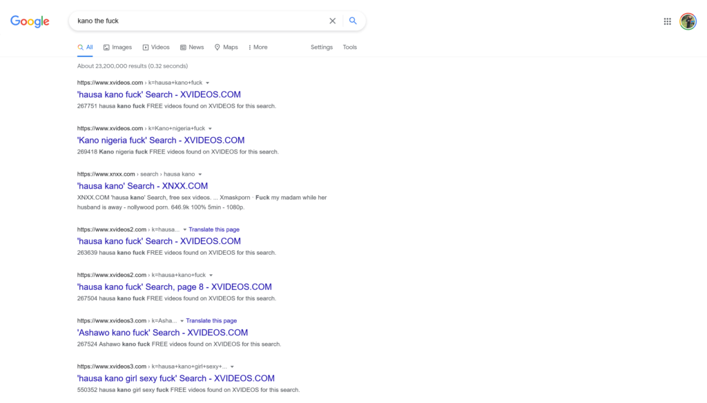 Google-søkeresultater fra "kano the fuck". Samtidige er fra pornosider i forskjellige formater.