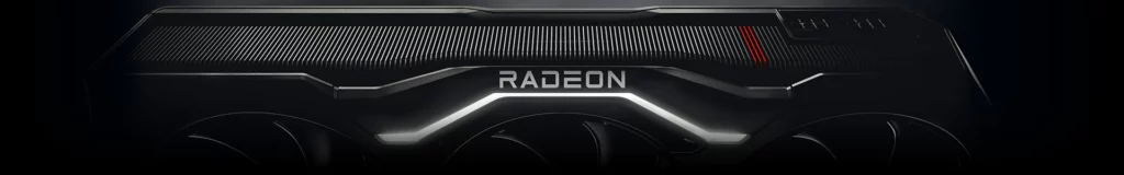 Et stilistisk utsnitt av Radeon RX 7900 XTX mot sort bakgrunn.