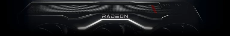 Et stilistisk utsnitt av Radeon RX 7900 XTX mot sort bakgrunn.