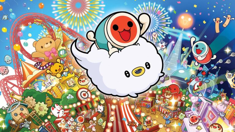 Coverbilde fra Taiko no Tatsujin: Rhythm Festival. Bildet viser Don-chan som rir på Kumo-kyun over en fornøyelsespark fylt med karakterer fra Taiko-serien.