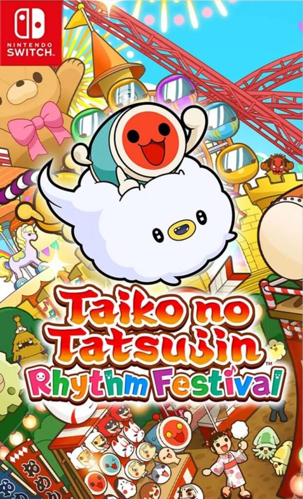 Coveret til Taiko no Tatujin: Rhythm Festival. Det er et utsnitt fra header-bildet, hvor Don-chan rir på Kumo-kyun foran fornøyelsesparken. Under de to er spilltittelen i fargerike festlige bokstaver. Oppe i hjørnet er logoen til Nintendo Switch.