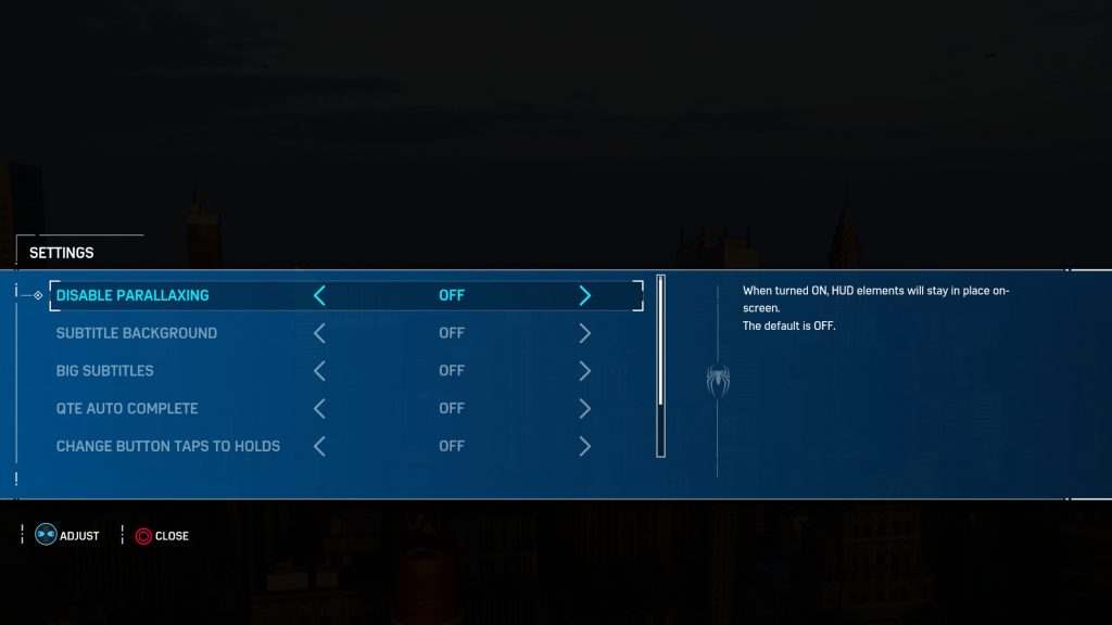 Instillinger for tilgjengelighet i spillet Spider-Man 4 til PlayStation 4.