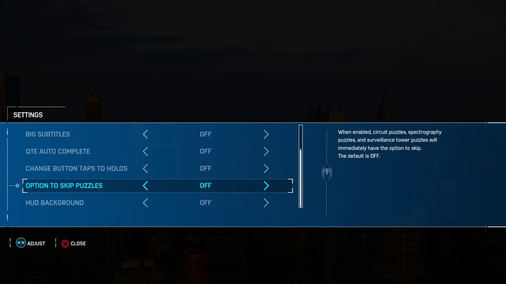 Instillinger for tilgjengelighet i spillet Spider-Man 4 til PlayStation 4.