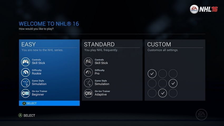 Vanskelighetsgrader i spillet NHL 16.